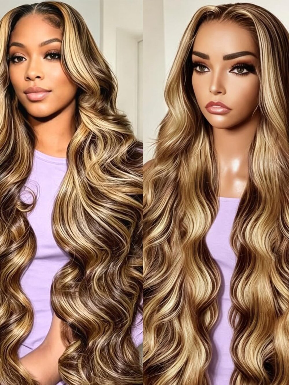 28in Highlight Ombre Body Wave 13x6 HD Lace Front Wig Human Hair 200 Density